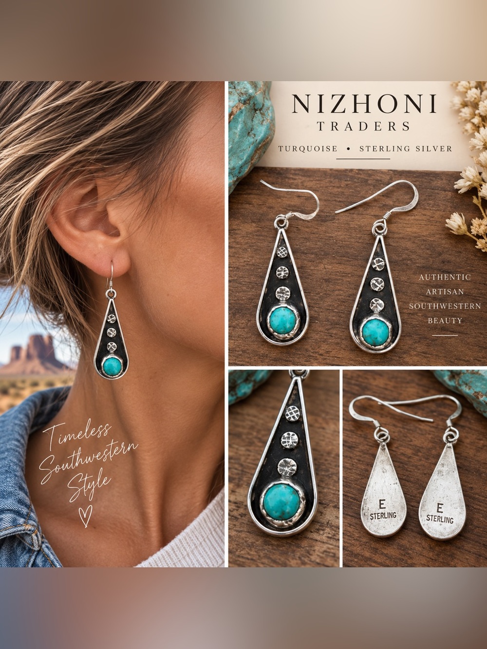 Nizhoni Navajo Turquoise Sterling Silver Shadowbox Teardrop Dangle Earrings